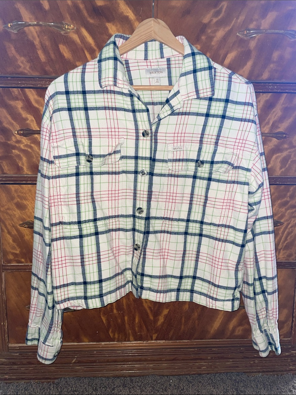 Brixton White Plaid Button-Up Shirt Jacket with Green & Pink Checks